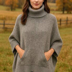 J Crew S/M Poncho Sweater Merino Wool Alpaca Blend Gray Boho Lagenlook